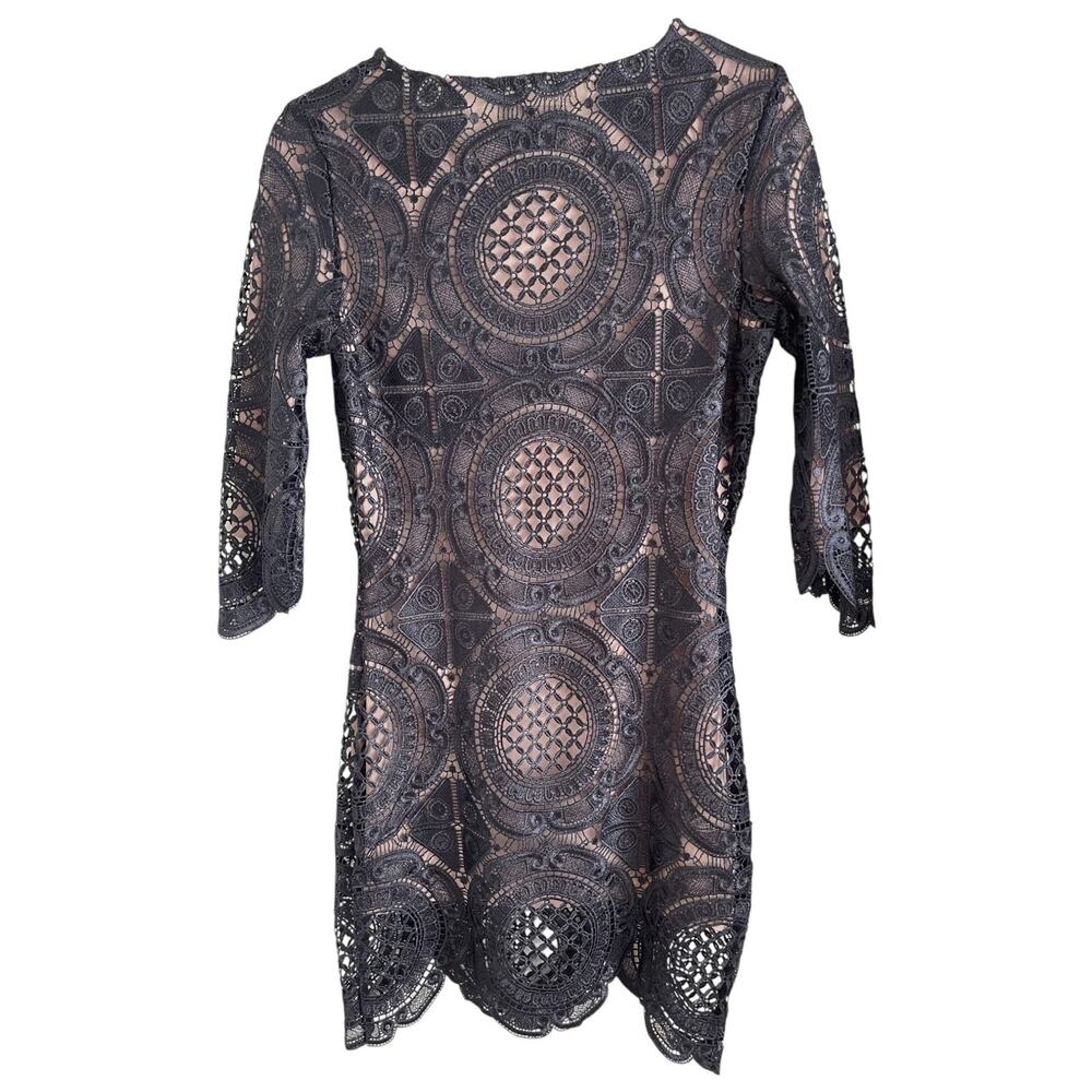Crochet Medallion Black Lace Skin Tone Lined Two Layer Dress XS Goldie Brand - Picture 2 of 5